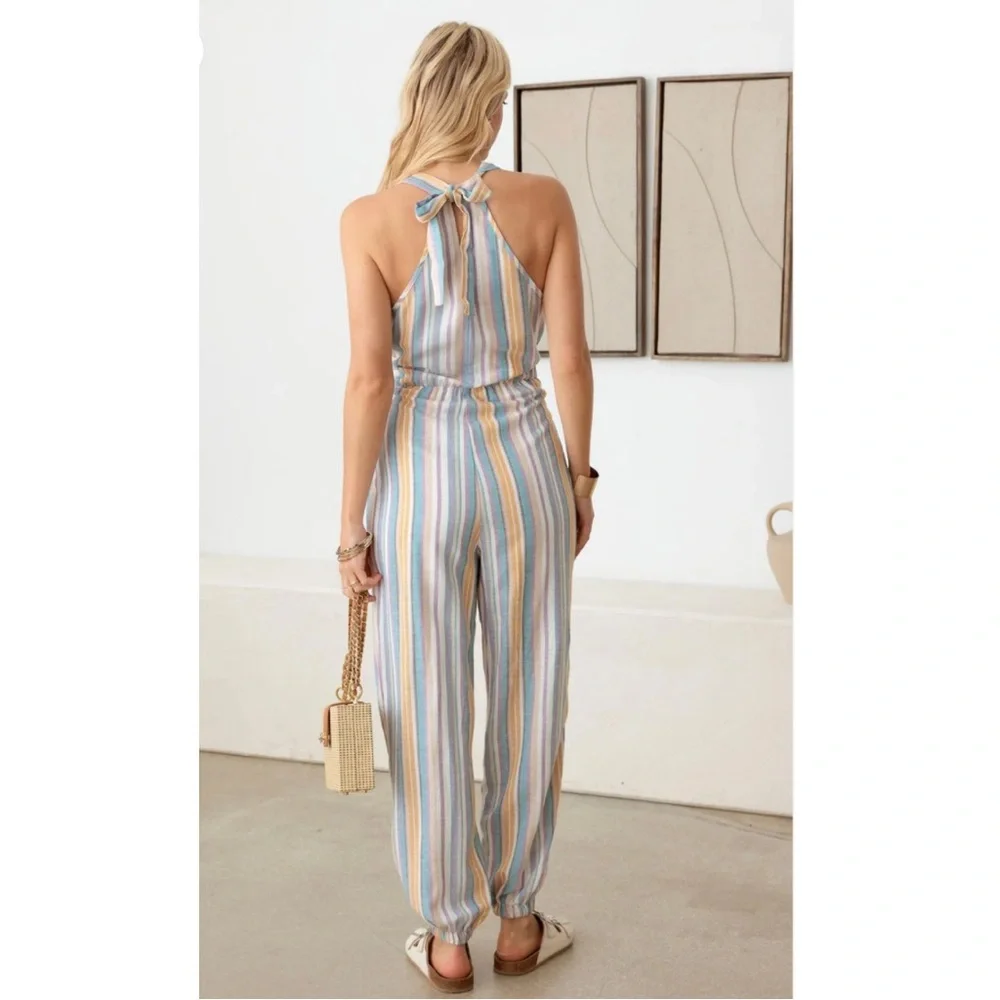 Halter stripe rayon/linen jumpsuit - Picture 4 of 7